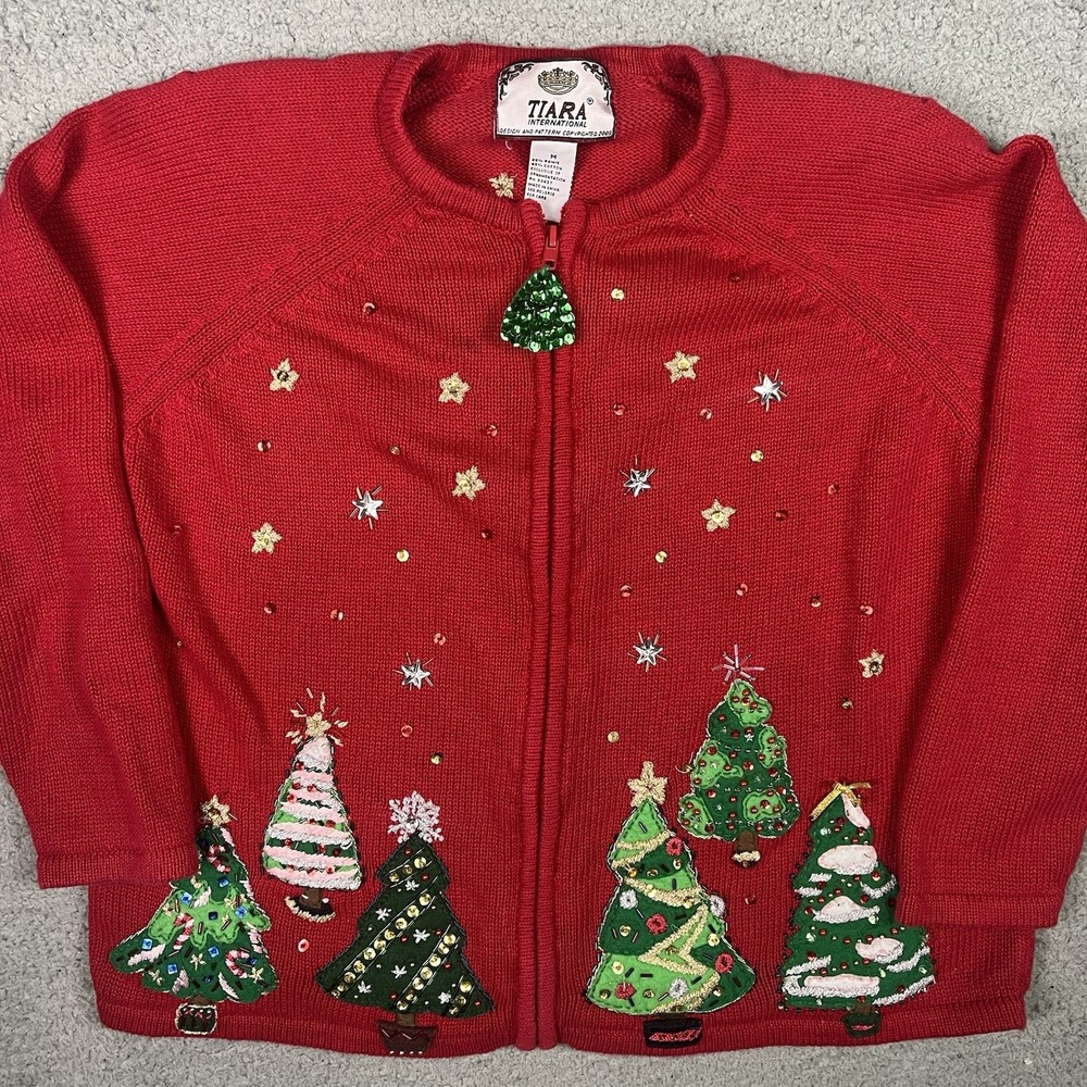 Vintage Tiara International Christmas Sweater Women M Red Zip‎ Cardigan Trees